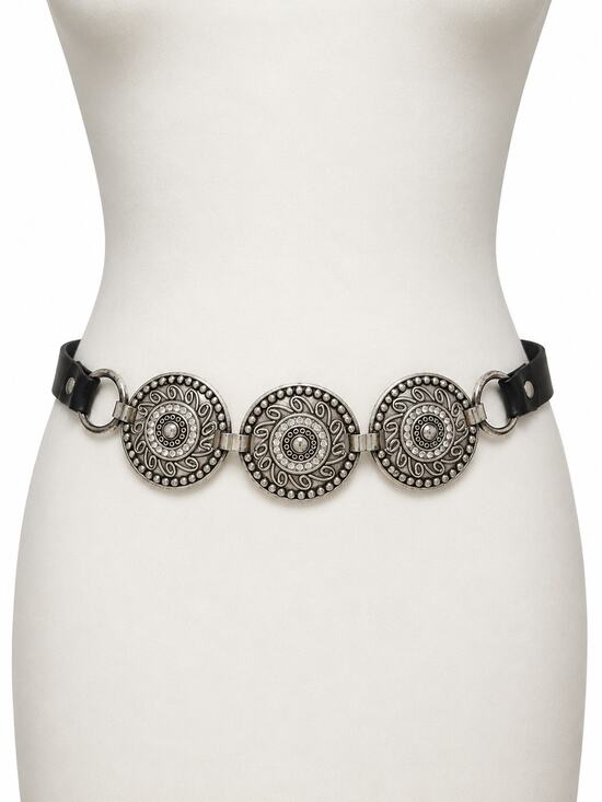 Chicos Accessories - Chicos Silver Medallion Rhinestone Statement Belt Black Leather Boho Size S M